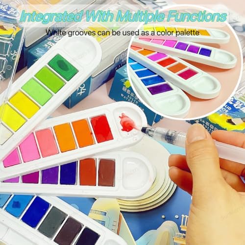 Image of Sunkizzrs Foldable Solid (36-Color) Watercolor Paint Set | Rotatable Fan Solid Watercolor Pigment Set | Portable Gouache Painting | Outdoor Sketching Palette Art Paint with Refillable Water Brush Pen (36)