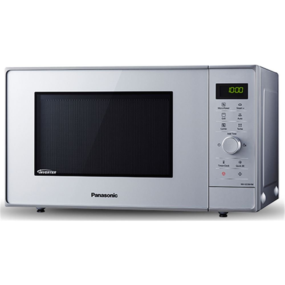 Panasonic NN-GD36HMSUG Microondas y Grill Inverter con Plato Giratorio, Vapor+ Sartén, 23 L, Acero Inoxidable, 1000 W, Grill 1000 W, 17 Programas Auto, Parrilla, Plateado