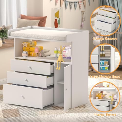Image of Baby Changing Table Dresser with Wide Tabletop, 3 Drawers & Open Storage Space, Baby Dresser with Changing Table Top, Perfect for Baby Bedrooms & Nurseries