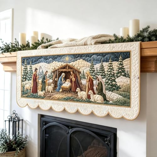 Nativity Scene Print Quilted Christmas Mantel Scarf, Fireplace Mantel Decor - image 4