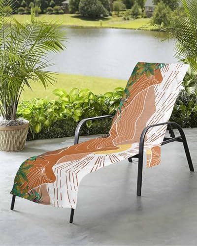 Geometric Boho Beach Chair Towel Covers for Chaise Lounge with Side Pocket, Soft Plush Pool Towels Cover for Patio Sunbathing Outdoor 29''x85'' Tropical Palm Leaves Mountain Stripes