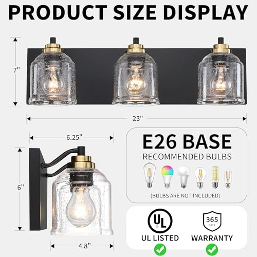 Image of Vanity Lights for Bathroom Large 23 inch, Farmhouse Rustic Vanity Light with Bubble Glass Shades, Black and Gold 3 Light Bathroom Lighting Fixtures Over Mirror, Bath Wall Sconce Home Decor