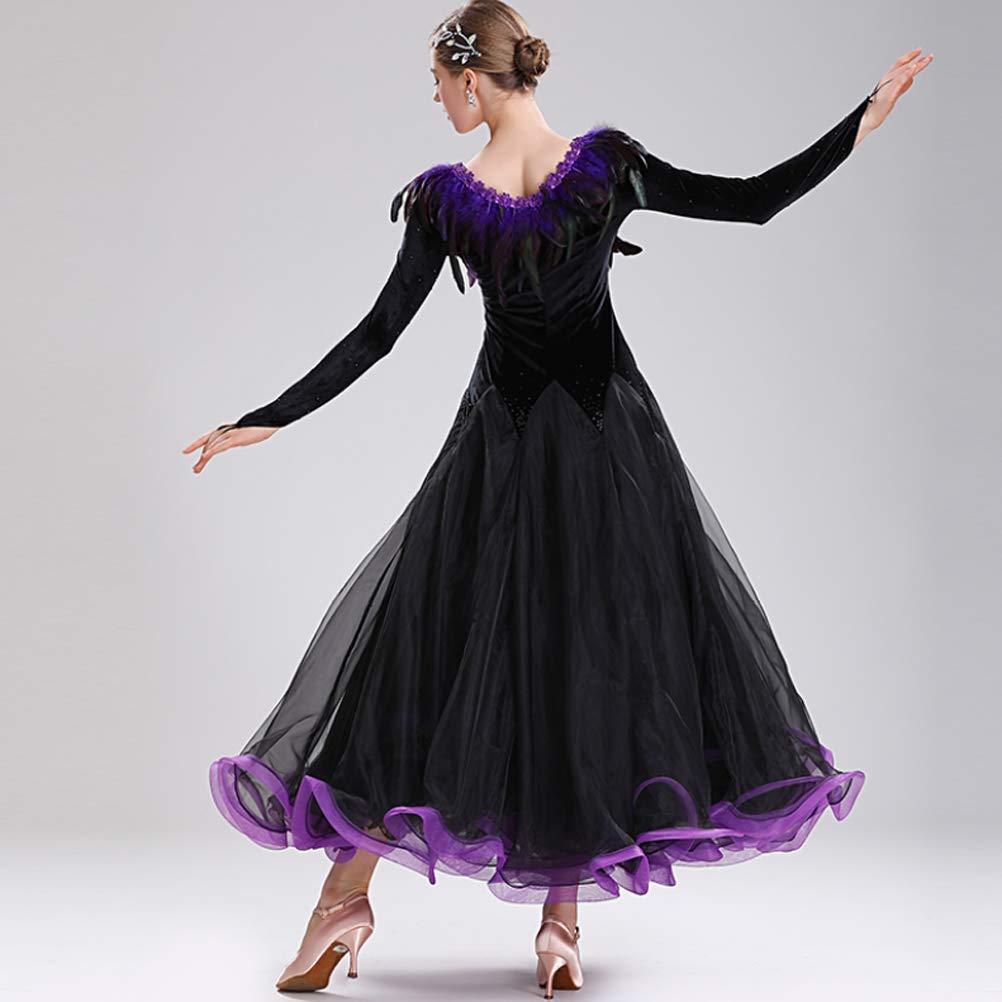 Abiti da Ballo da Competizione A Maniche Lunghe Abbigliamento Professionale per Danza Moderna Gonna A Ruota Grande con Piume per Banchetto da Donna Abito da Tango