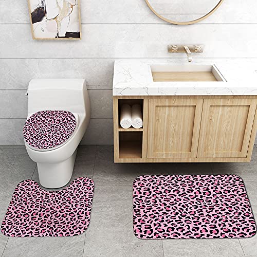 Camille&Andrew 4Pcs/Set Pink Leopard Print Shower Curtain, Sexy Fancy Chic Safari Wildlife African Wild Animal Jaguar Cheetah Skin Pattern Bathroom Decor For Girl, Non-Slip Bath Rugs Toilet Mats, Pink #TOP4
