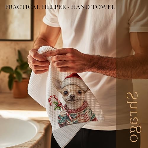 Image of Christmas Chihuahua Kitchen Towels, Chihuahua Gifts for Women Men Dish Tea Towels, Funny Candy Cane Dog Decorative Hand Towel for Bathroom Decor, 16x24 Inch