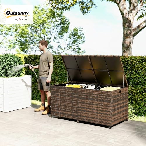 Outsunny 650L Extra Large Garden Storage Box with 2 Wheels, Rattan Deck Box with Waterproof Zipped Liner, Safe Pneumatic Rods, Patio Rattan Storage Container for Backyard Gardening Tools, Mixed Brown 2 Outsunny 650L Extra Large Garden Storage Box with 2 Wheels, Rattan Deck Box with Waterproof Zipped Liner, Safe Pneumatic Rods, Patio Rattan Storage Container for Backyard Gardening Tools, Mixed Brown - Image 2