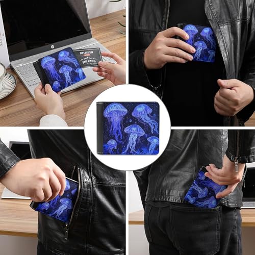 Blue Jellyfishes Bifold Wallet for Men Women PU Leather Slim Purse Pocket Wallet with Card Holder3