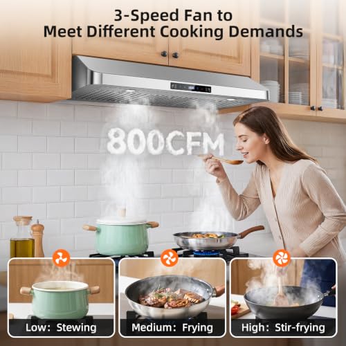 Image of 36 inch Under Cabinet Range Hood 800 CFM, Stainless Steel Vent Hood | Touch /Gesture /Remote Control, 3-Speed Fan, Ducted /Ductless Convertible, 15-min Delay Shutoff, Dishwasher-Safe Baffle Filter
