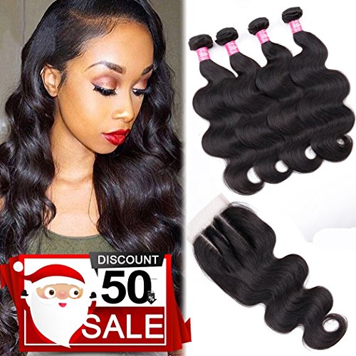 9A Remy Brazilian Virgin Body Wave Hair 4 Bundles with Closure (16 18 20 22+14 Three Part,Natural Black) Unprocessed 100% Human Hair Weave Bundles with 4X4 Lace Closure Brazilian Body Wave