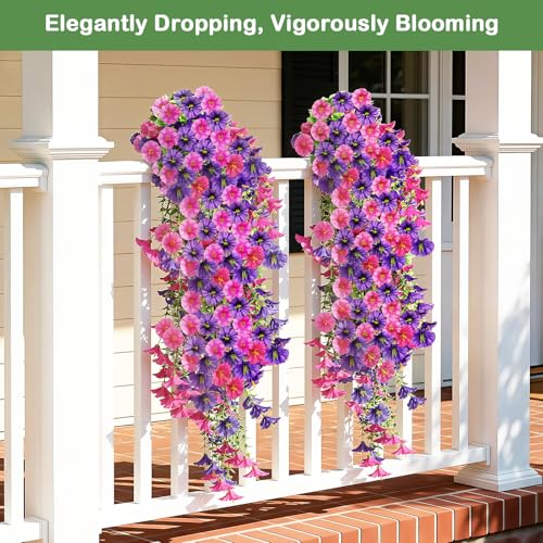 Image of Lewondr 2PCS Artificial Hanging Flowers UV Resistant Petunias, Mixed Pink | 29.5 inch Morning Glory, No Watering Needed, Fade Proof, for Porch Patio Yard Baskets, Spring Summer Decor, Indoor Outdoor Use