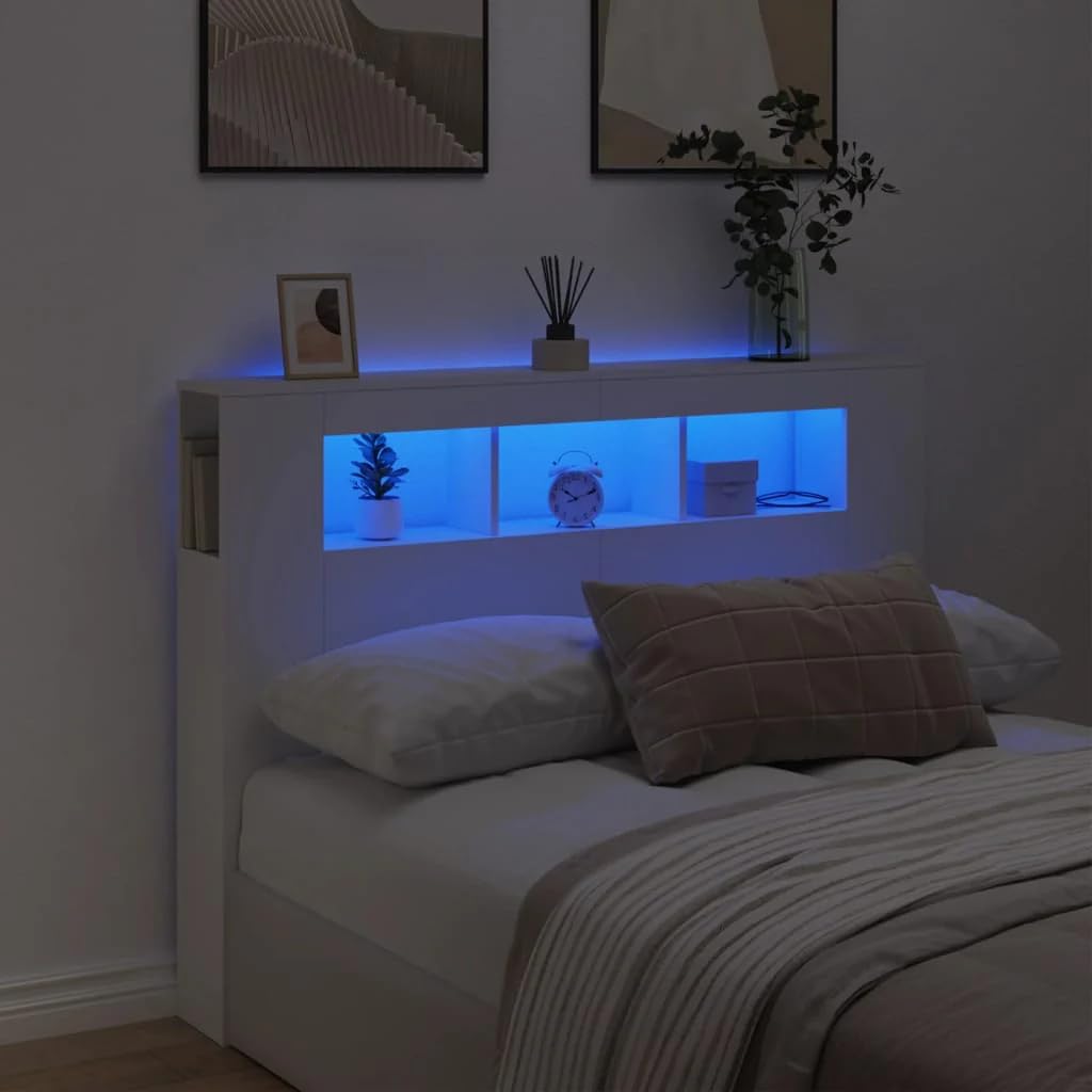 vidaXL Cabecero con LED, Cabecera con Almacenaje, Cabezal de Cama, Cabecero para Dormitorio, Madera de Ingeniería Blanco 140x18,5x103,5 cm