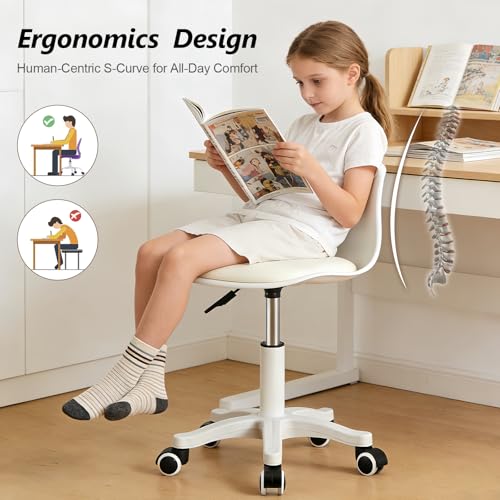 Image of JPBSTO Small Desk Chair Cute, Swivel Armless Task Vanity Chair with Soft Padded Cushion, Plastic Height Adjustable Home Office Chairs for Teens Girls, Kids, Study Room