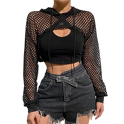 Damen Bauchfrei Crop T-Shirt Langarm Tops Casual Frauen Cropshirt Mesh T-Shirt mit Kapuze Sport Oberteile Netz Langarmshirt Sommer Cropped Top Mode Cropshirt für Party Strand Urlaub