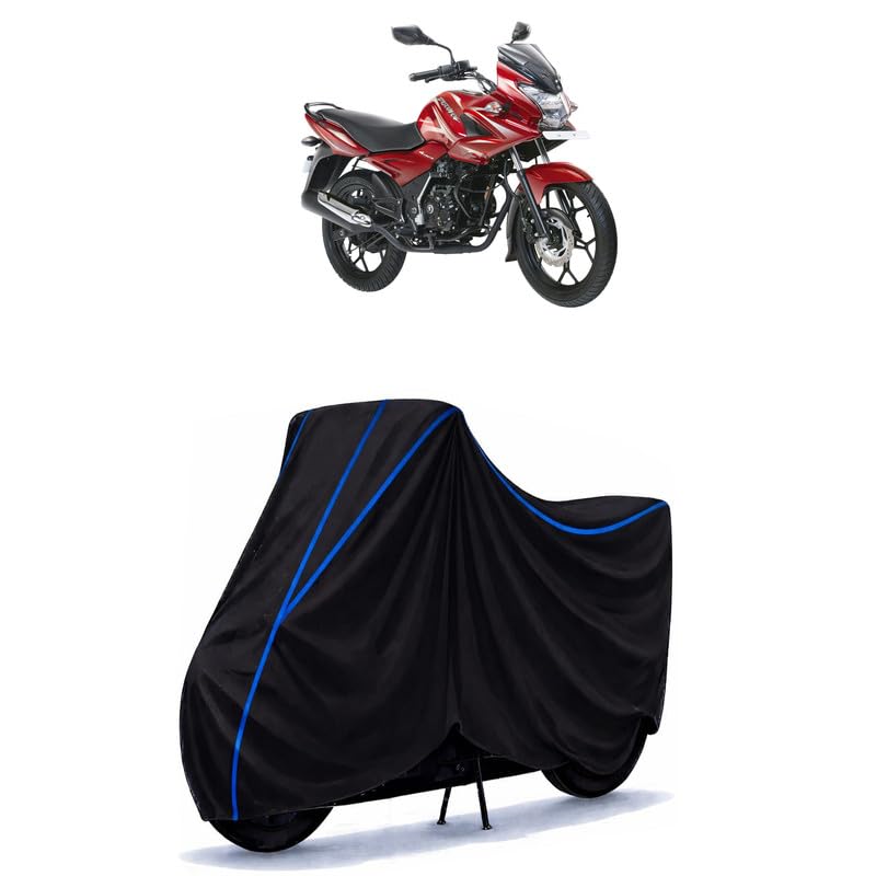 Image of Bajaj Discover 150 Bike Cover Water Resistant Universal Motorcycle Rain | Heavy Duty UV Protection, Dust, Scratch Indoor Outdoor All Weather with Black Blue Piping Elastic