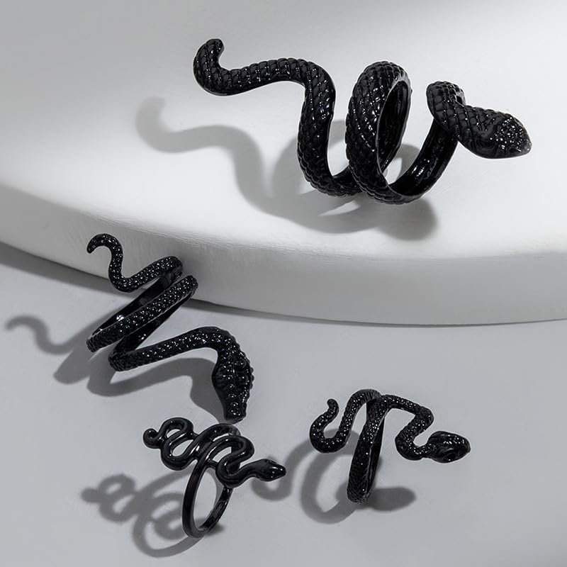 Anillos de serpiente negra para mujer, joyería ajustable de serpiente negra para mujer, accesorios góticos vintage, juego de anillos punk góticos, joyería de Halloween, Cobre, Sin piedras preciosas 3