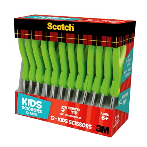 Image of Scotch 5 inch Soft Touch Pointed Tip Kids Scissors, 12 Count Teacher's Pack, Green, All-Purpose Scissors for School and Crafts (1442P-12)