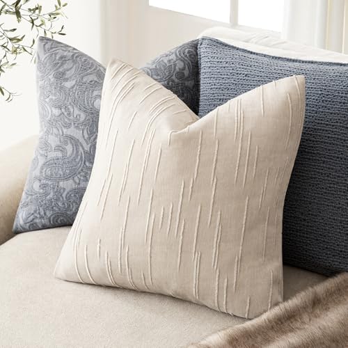 Image of Foindtower Pack of 2 Slubby Textured Chenille Throw Decorative Pillow Covers Square Accent Solid Cushion Cover Neutral Farmhouse Pillow Case for Couch Sofa Bedroom Living Room 18x18 Inch,Ivory
