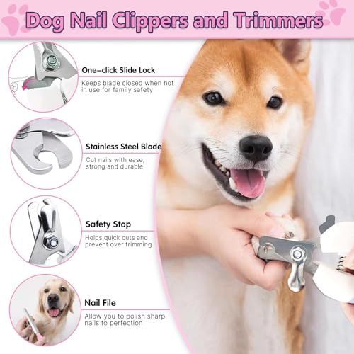 Dog Brush Grooming Kit 6PCS Dog Brush for Shedding-Dogs Brushes for Grooming, Dematting Comb for Dogs, Nail Clipper with Nail File, Flea Comb, Cat Bath Brush-Pink - Image 6