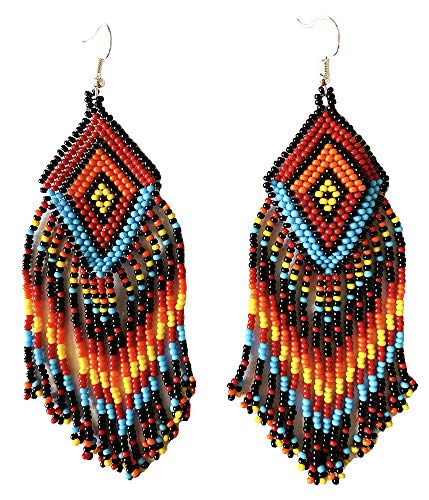Southwestern Geometric Pattern Glass Seed Beaded Earrings Handmade (Fire Cyan)