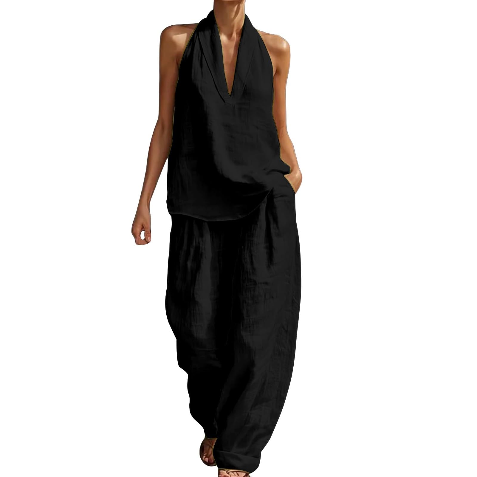 Zweiteiler Damen Sommer Outfits,Leinen Set Trainingsanzug Sets Kurzarm Oberteil & Jogginghosen,Weites Bein hosen für Freizeit Hausgebrauch,Outfit Damen Set Elegant,Bequem Atmungsaktiv