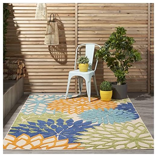 Nourison Aloha Indoor/Outdoor Multicolor 5'3" x 7'5" Area Rug, Tropical, Botanical, Easy Cleaning, Non Shedding, Bed Room, Living Room, Dining Room, Deck, Backyard, Patio (5x7)