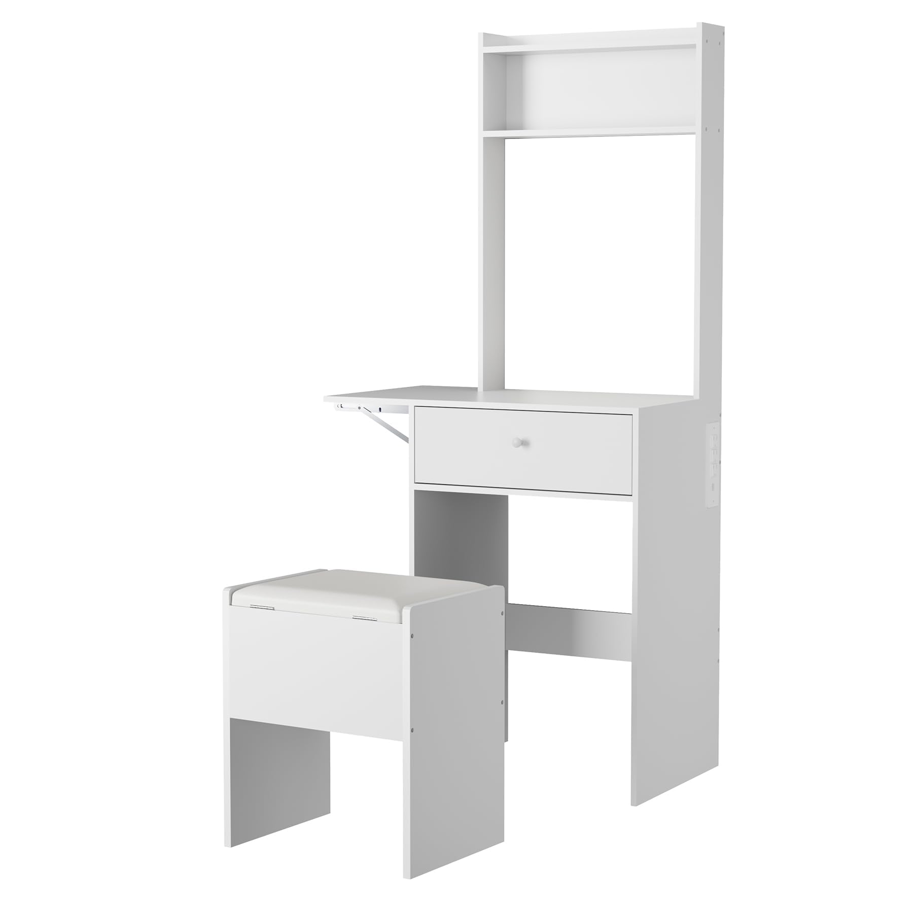Tocador De Maquillaje Con Luz, Taburete De Almacenamiento, Espejo Y Luces LED Táctiles (3 Colores/3 Modos), Panel Abatible Para Ampliar Encimera, Cajón Grande Y Estantes Abiertos, 50 x 40 x 150,Blanco