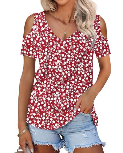 WNEEDU Tee Shirt Femme Col V Ete T-Shirts à Manches Courtes Top Haut Chic et Elegant Fleur Rouge M