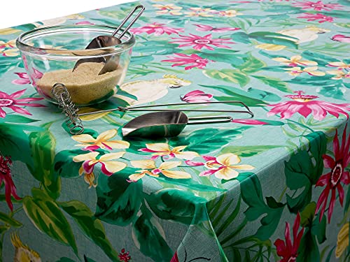 Nappe ronde, carrée ou rectangulaire en vinyle PVC Motif oiseaux tropicaux et papillons Vert et rose, vinyle PVC, Vert, Rectangle 140 x 200cm (55" x 80") long Cover