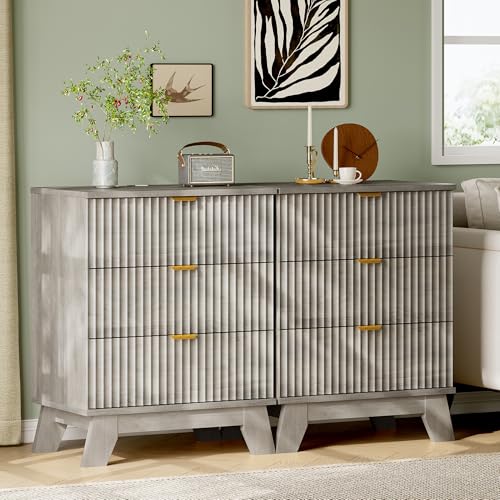 Image of Xixini Fluted Nightstand with Charging Station, Tall Bedside Table, Grey