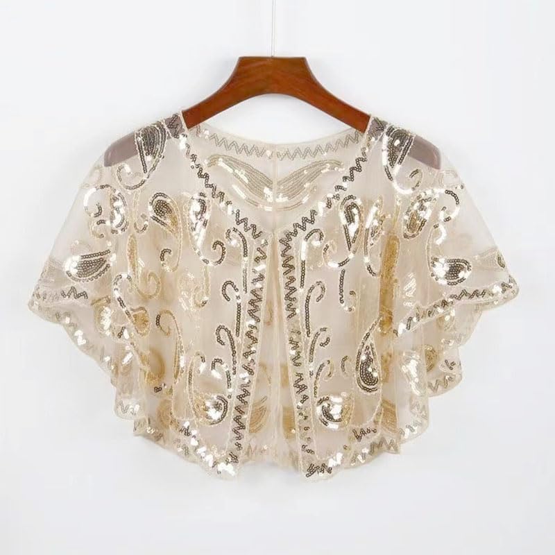 1Pcs Champagne 1920s Flapper Shawl with Sequin Detailing Breathable Mesh Elegant Short Cape for Women Parties Prom4