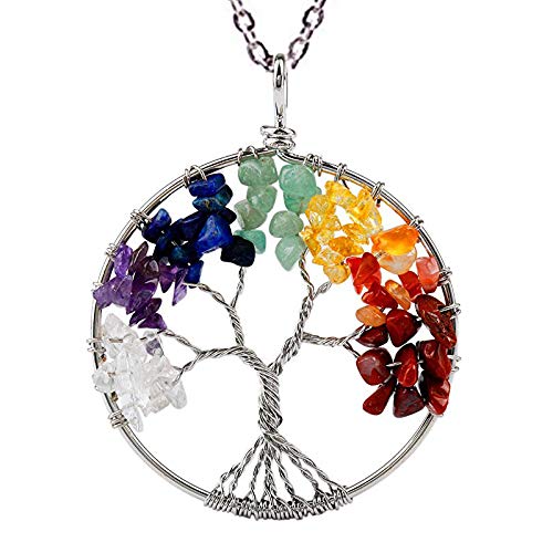 Image of Yellow Chimes Tree of Life 7 Chakra Stones Handmade Long Chain Pendant Necklace for Women and Girls