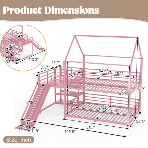 Image of Bellemave Metal Bunk beds Full Over Full with Slide and Storage Stairs, House Floor bunk Bed with guardrail for Kids,Pink