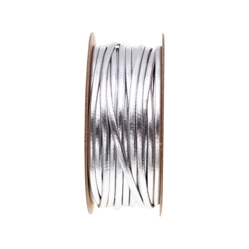 JIHUOO 15 Meters 2mm PU Leather Ribbon Faux Leather Cord String Jewelry Making Cord Gift Wrap Ribbon Flat Leather Cord Rope for Bracelet Necklace Silver