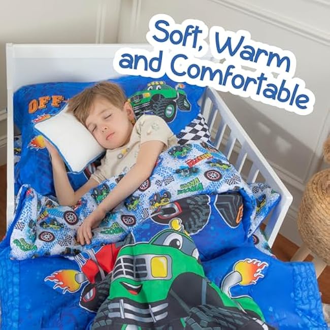 Monster Trucks Toddler Bedding Set for Boys - 4-Piece Toddler Bed Comforter Sets for Boys, Reversible Comforter & Pillowcase, Flat Sheet, Fitted Sheet, Breathable & Super Soft Microfiber