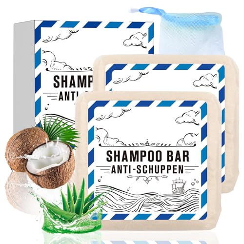 Festes Anti-Schuppen Shampoo mit Schaumnetz 2pc Natural Haarseife mit Sheabutter, Kokosöl, 3 in1 Duschseife Männer für Haar, Gesicht, Körper, Anti-Haarausfall Shampoo Bar für Herren & Damen