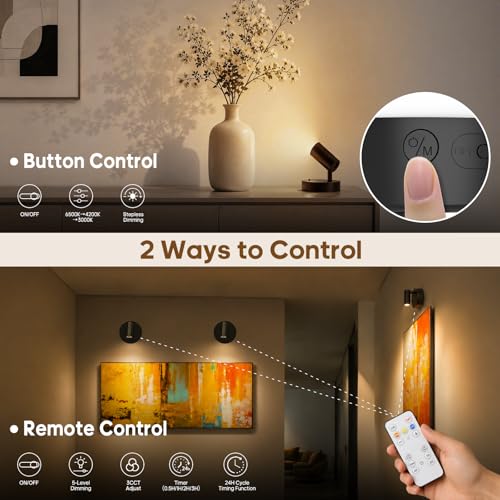 Image of GOODEA Spotlights Indoor with Remote, 5500mAh Rechargeable Battery Plant Spotlight Indoor, Wireless Uplighting with 3 Colors & 24H Cycle Timer, Picture Light for Painting(2 Pack 5500mAh, Black)