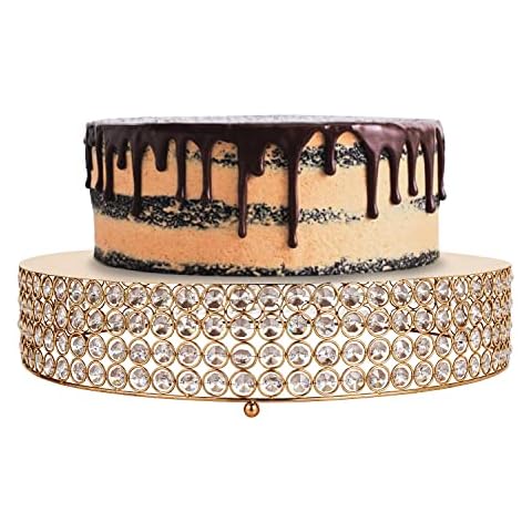 Simply Elegant - 18" Round Crystal Beaded Cake Stand, Large Cake, Dessert Cupcake Pastry Candy Display Plate for Wedding Event Birthday Party Celebration - Gold Cover