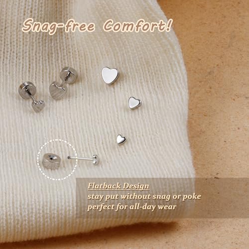 KRFY 3 Pairs Flat Back Stud Earrings 925 Sterling Silver Post Earrings for Women Tragus Conch Helix Cartilage Earrings for Women Heart Stud Earrings 14K Gold Plated3
