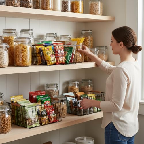 LeleCAT-Large-black-wire-basket-for-Organizing-with-Wooden-Handlespantry-refrigerator-organizers-and-storageSnack-Storage-Baskets-for-Cabinets-Closets-Bedrooms-kitchen-2packBlack