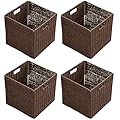 Handwoven Paper Woven Cube Basket Organizer with Handles set of 4 Foldable Storage baskets for Bedroom Living Room Cubby Storage Units for Clothes Books Toys (Brown, 13" L x 13" W x 13" H)