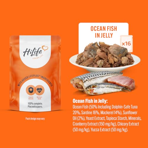 HiLife Adult Wet Cat Food, Mixed Ocean Fish in Jelly Recipes, Complete Cat Food Pouches, 100% Natural & Grain Free, Ocean Fish / Sardine with Tuna (32 x 70g Pouches) - Image 4