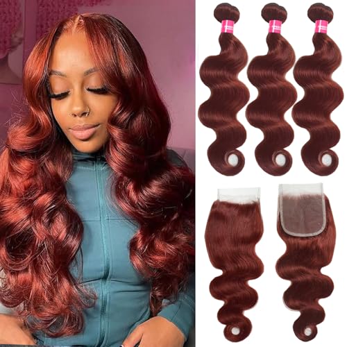 Teveshine Reddish Brown Body Wave Human Hair Bundles With Closure Copper Red Bundles With 4X4 Lace Closure Human Hair 20 22 24+20 Free Part 33 Color Brazilian Body Wave