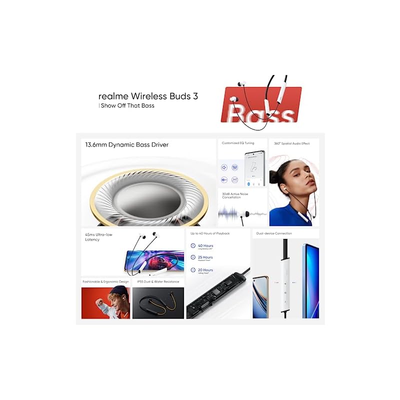 Realme Buds Wireless 3 in-Ear Bluetooth Headphones,30dB ANC,Spatial Audio,13.6mm Dynamic Bass Driver,Upto 40 HrsPlayback,Fast Charging,45ms Low Latency for Gaming,Dual Device Connection-Vitality White - Image 3