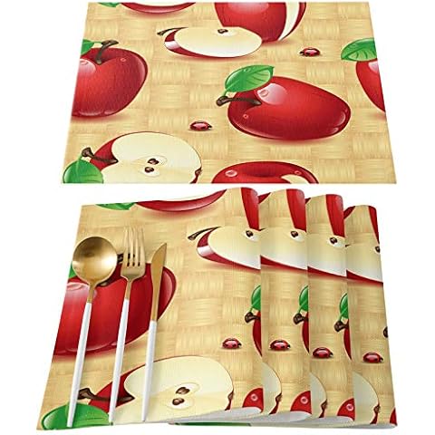 Greeeen Placemats Set of 6 Red Apples Place Mat for Dining Table Washable Cotton Linen Table Mats Cover