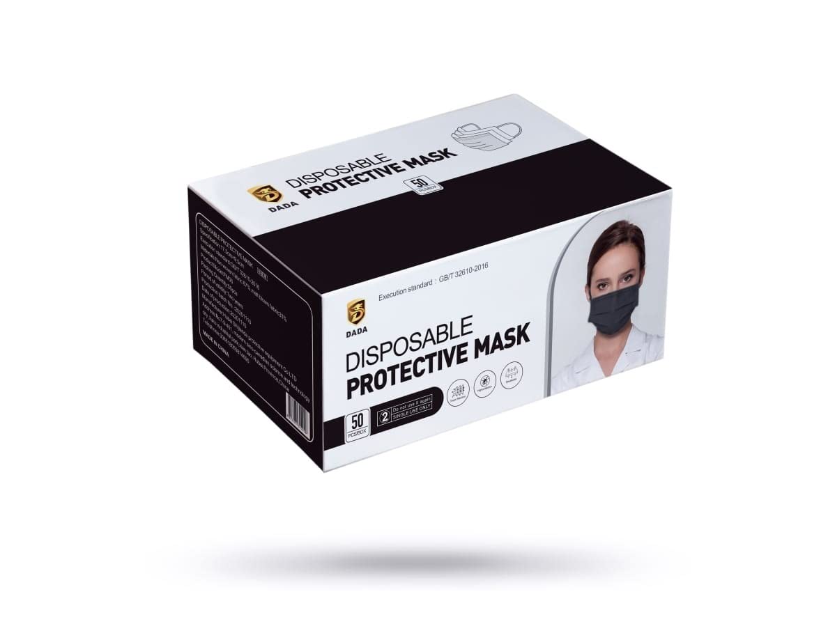Dada 3 Layer Disposable Protective Face Mask. Sold Color, Premium Quality Face Mask with Elastic Ear Loop (50pcs box) (Black and White)