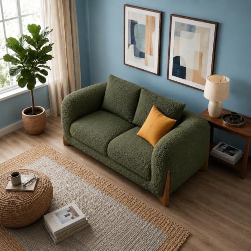Image of Modern Sofa, Teddy Fabric, Chesterfield Style, Wooden Legs, for Living Room, Bedroom, Hallways (Dark Green - 2 Seater)