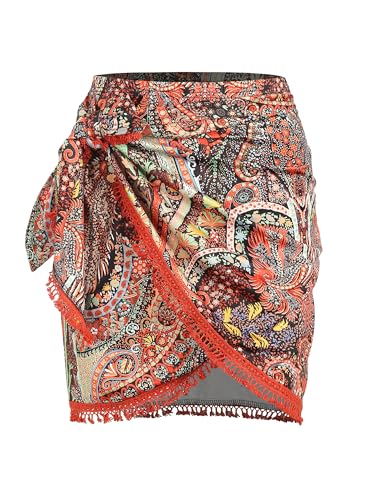 Slit Skirt for Women Boho Print Tie Side Wrap Tassel Casual Beach Mini Skirt