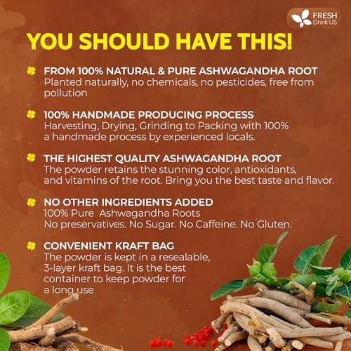 Image of FreshDrinkUS, Premium 20oz Ashwagandha Powder, 100% Natural & Pure, Herbal Tea, No Sugar, No Caffeine, No Gluten, Vegan.