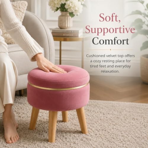Image of Ottoman Stool for Living Room Foot Rest | Velvet Small Ottoman Foot Stool | Solid Wood Legs | Footstool Puffy for Home, Bedroom & Makeup Table | 30 x 30 cm (12 x 12 Inch) | Gajri