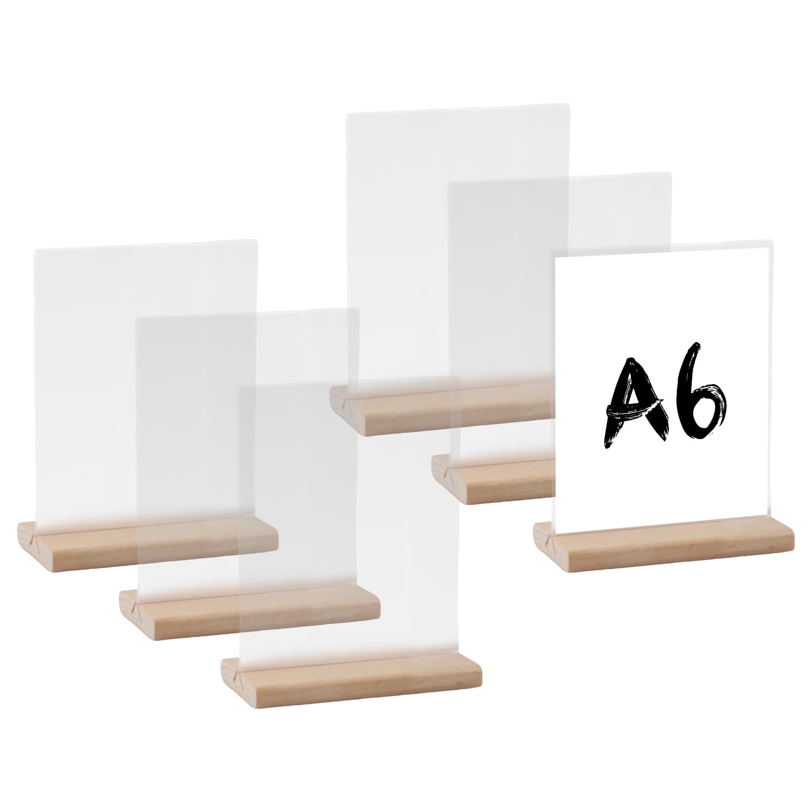 hocadon 6Pack A6 Acrylic Sign Holder with Wood Base Menu Holders for Tables T-Shaped Double-Side Display Stand Poster Holder for Office Store Restaurant Wedding